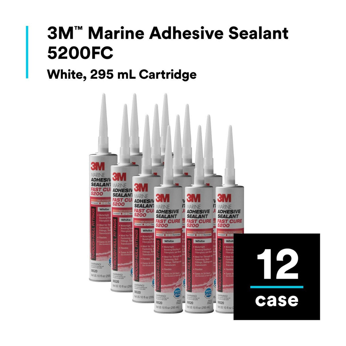 3M 5200FC 6520 Marine Adhesive Sealant Fast Cure, White, 10 fl oz Cartridge for Above and Below Waterline (7000000629) - (12Pack) - 8