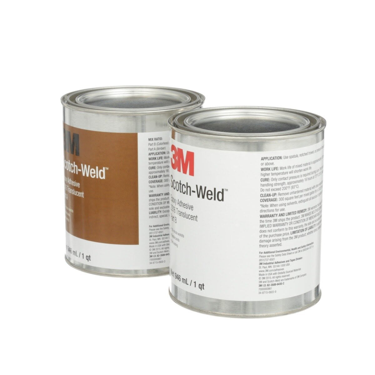3M 2216 Scotch-Weld Epoxy Adhesive, Translucent, Part B/A, 2 Quart (7000000861) - (6Pack) - 2
