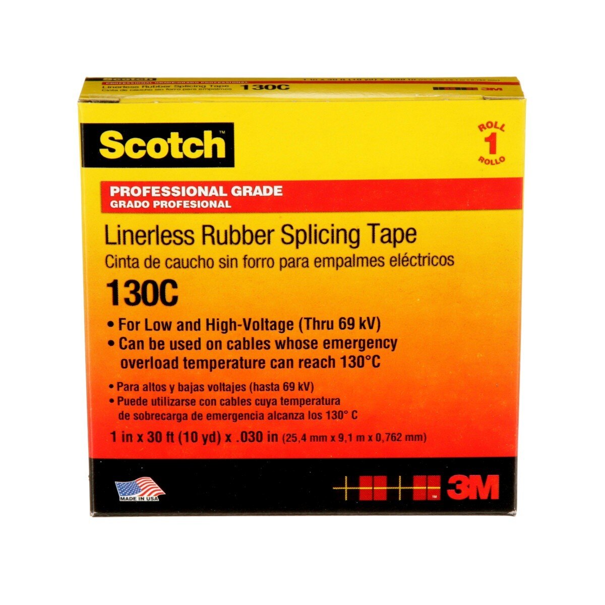 3M Scotch Linerless Rubber Splicing Tape 130C, Black, 1 in x 30 ft, 30 mil, Self Fusing, UV Resistant (130C-1X30FT) (7000006090) - (24Pack) - 2