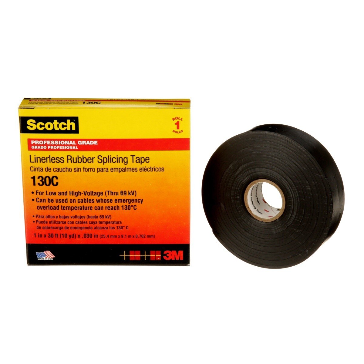 3M Scotch Linerless Rubber Splicing Tape 130C, Black, 1 in x 30 ft, 30 mil, Self Fusing, UV Resistant (130C-1X30FT) (7000006090) - (24Pack) - 3