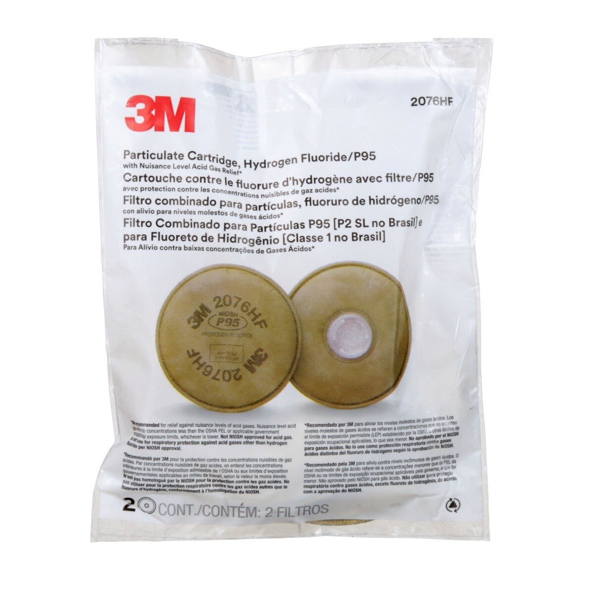 3M 2076HF Particulate Cartridge Filter, P95, Hydrogen Fluoride, Bayonet, Nuisance Level Acid Gas Relief (7000021310) (1 Pair) - (50Pack) - 4