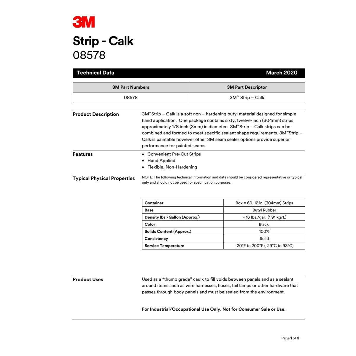 3M 08578 Strip Calk, Black, 1 ft Strips, 60 per Carton (7000028370) (12 Pack) - (12Pack) - 9