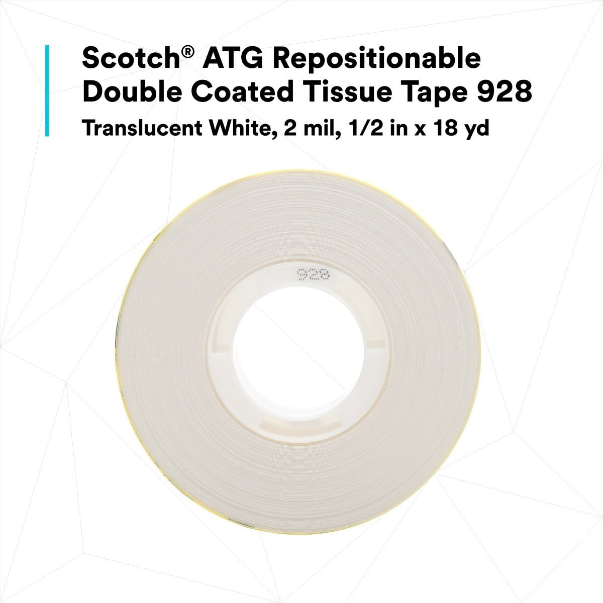 3M 928 Scotch ATG Repositionable Double Coated Tissue Tape, Translucent White, 1/2 in x 18 yd, 2 mil (7000028874) (72 Pack) - 3