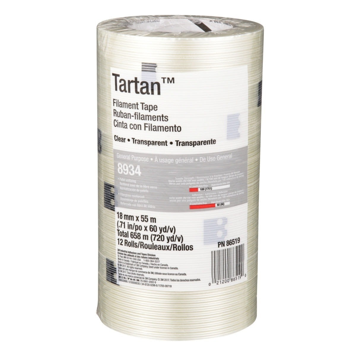 3M 8934 Tartan Filament Tape, Clear, 18 mm x 55 m, 4 mil (7000028886) (48 Pack) - 7