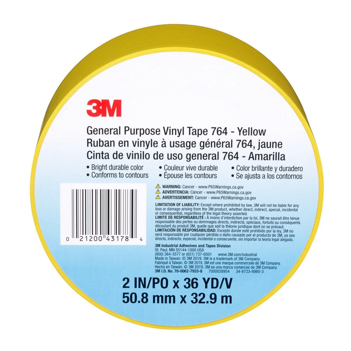 3M 764 General Purpose Vinyl Tape Yellow 2 in x 36 yd 5 mil Light Traffic Floor Marking and Color Coding (7000028954) - (24Pack) - 7