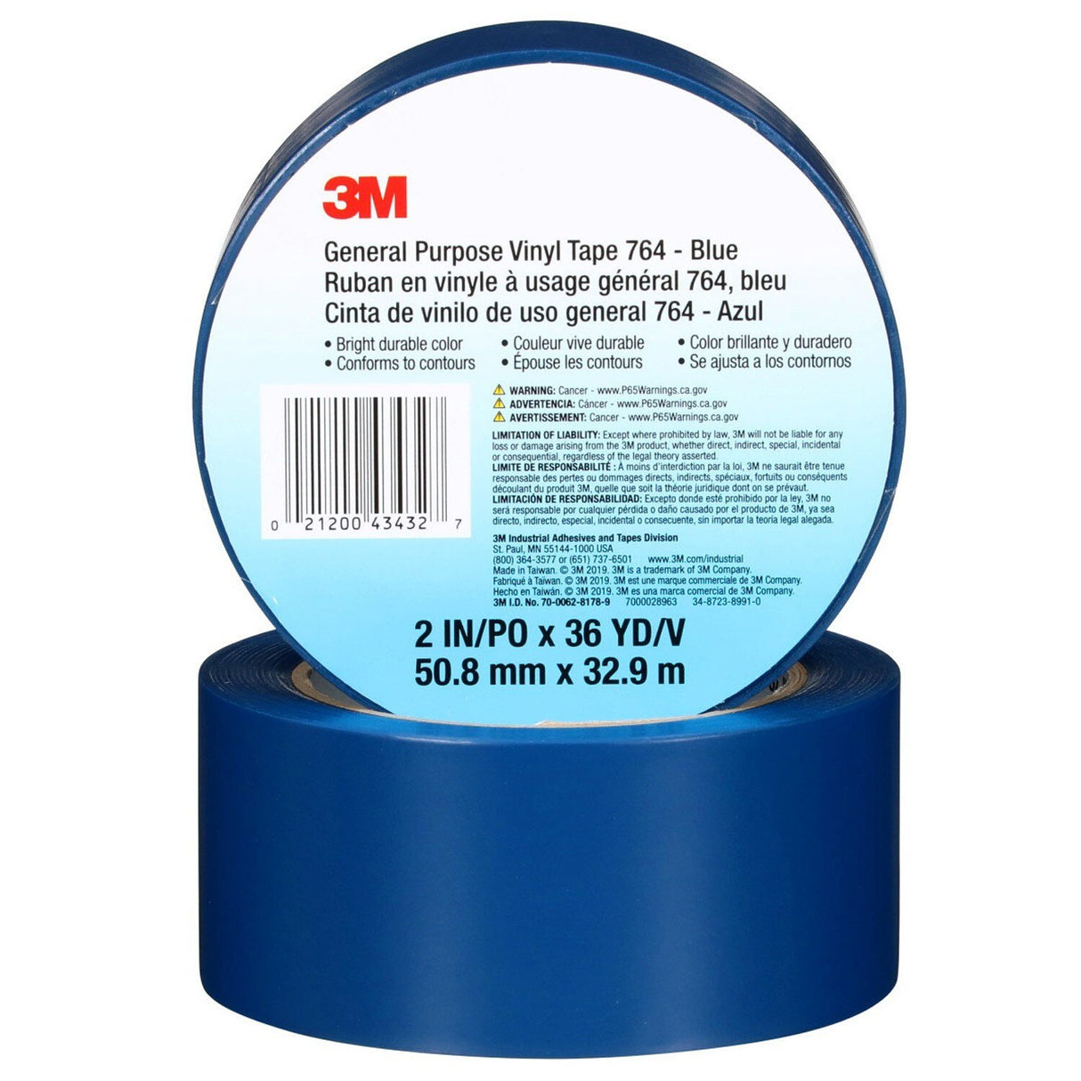 3M 764 General Purpose Vinyl Tape, Blue, 2 in x 36 yd, 5 mil (7000028963) - (24Pack) - 7
