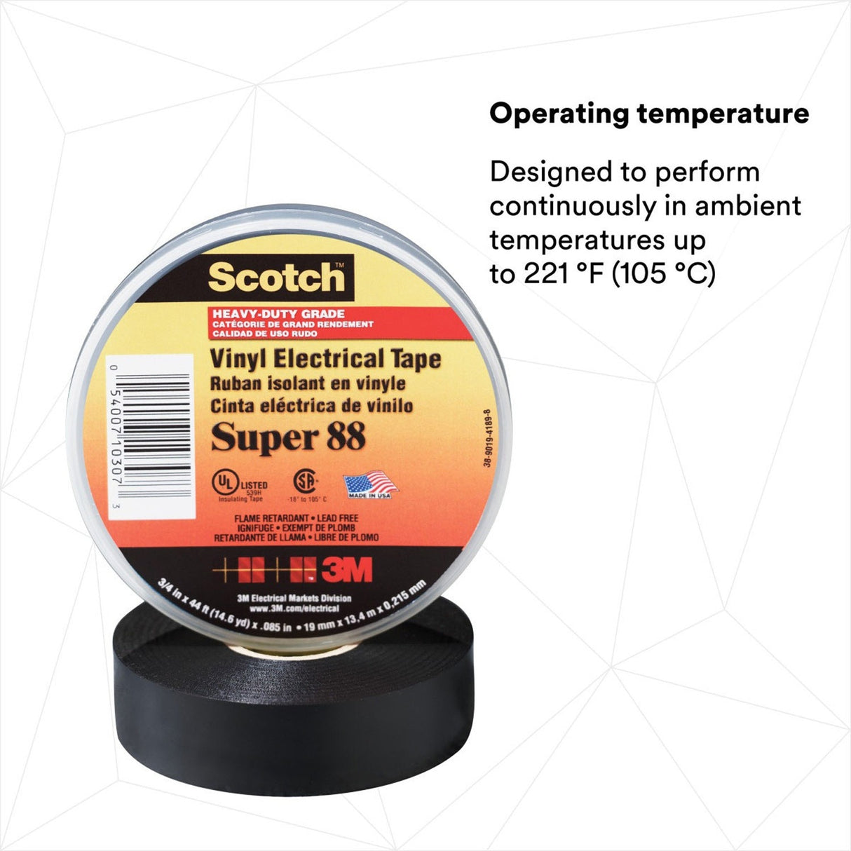 3M 88-3/4X44FT Scotch Vinyl Electrical Tape Super 88, Black, 3/4 in x 44 ft, Premium Grade, Rubber Resin Adhesive, PVC Backing (7000031579) - 3