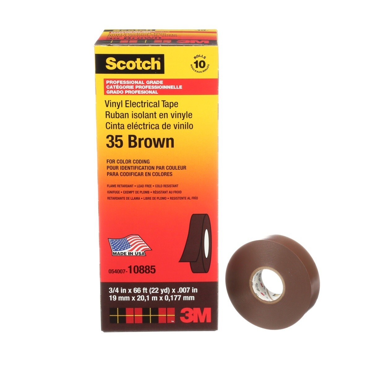 3M 35 Scotch Vinyl Color Coding Electrical Tape, Brown, 3/4 in x 66 ft, 7 mil, Premium Grade, Flame Retardant (35-3/4X66FT-BR) (7000031580) - (10Pack) - 2