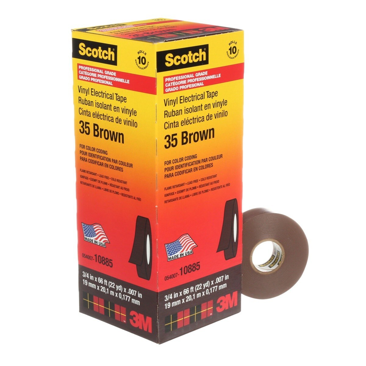 3M 35-3/4X66FT-BR Scotch Vinyl Color Coding Electrical Tape, Brown, 3/4 in x 66 ft, 7 mil, Premium Grade, Flame Retardant (7000031580) - 3