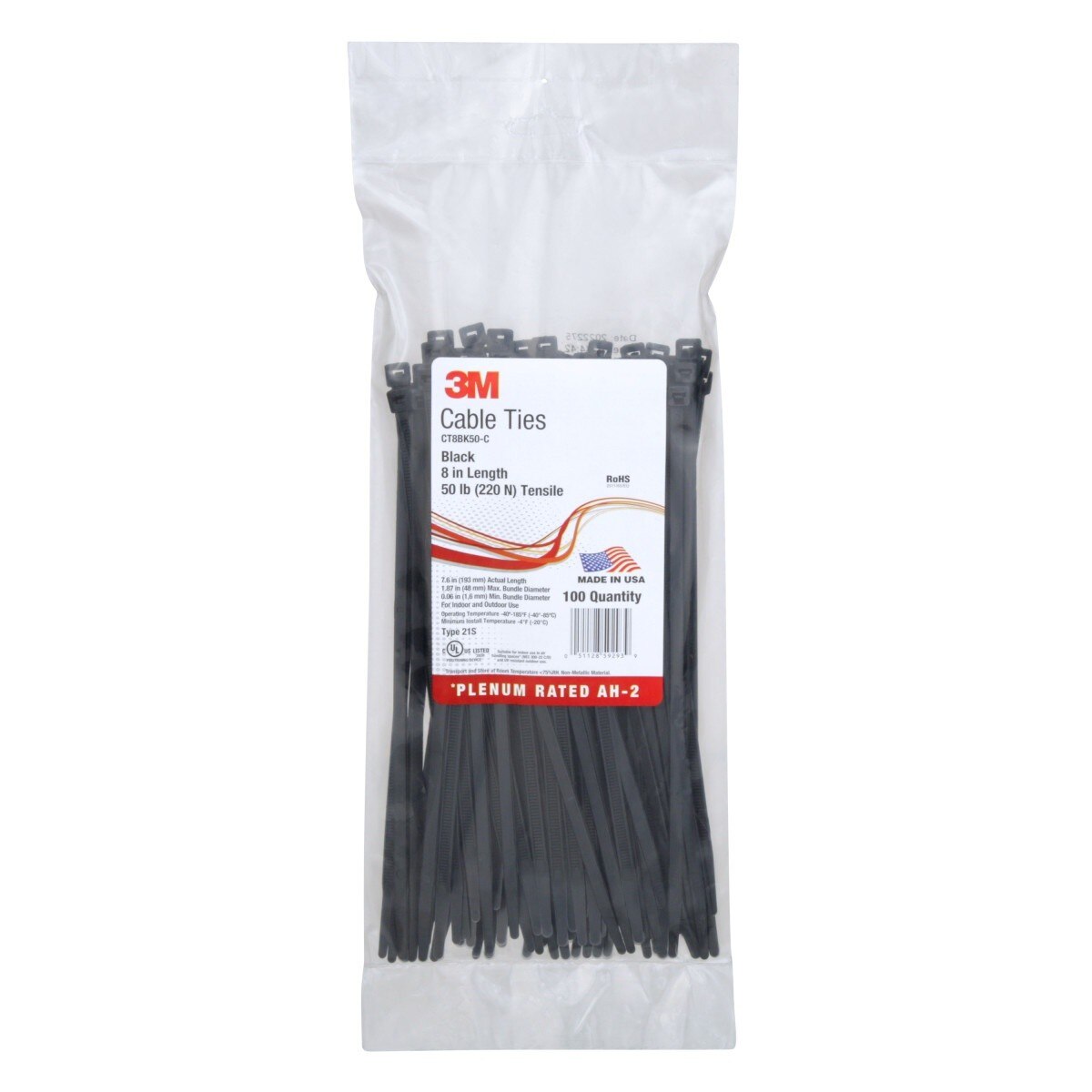 3M CT8BK50-C Cable Tie, Standard Nylon, Black, 8 in, 50 lb Tensile Strength (7000031853) (1000 Pack) - 4