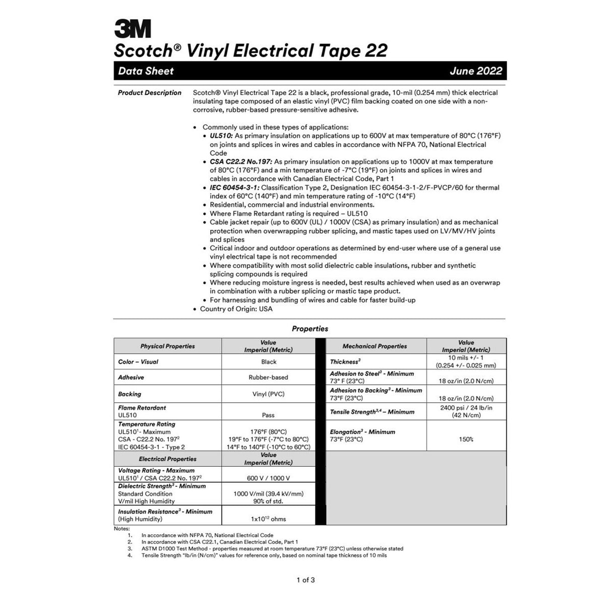 3M Scotch Vinyl Electrical Tape 22, 1 in x 36 yd, Black (22-1X36YD) (7000042539) - (12Pack) - 2