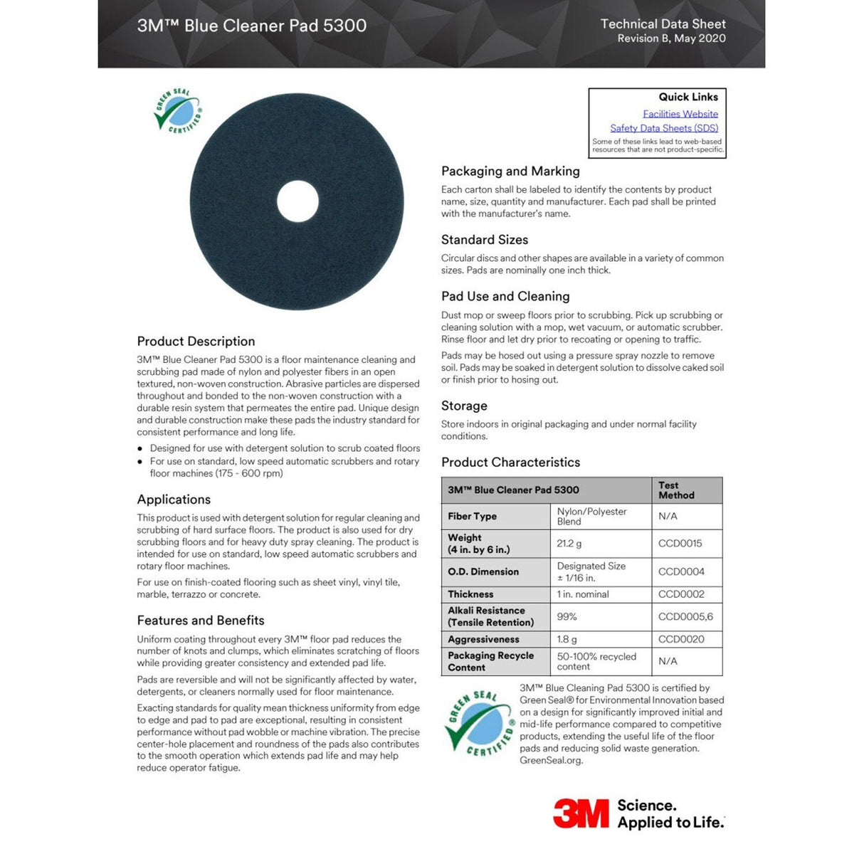3M 5300 Blue Cleaner Pad, Medium Grade, Blue, 10 in (7000045904) (5 Pack) - 2