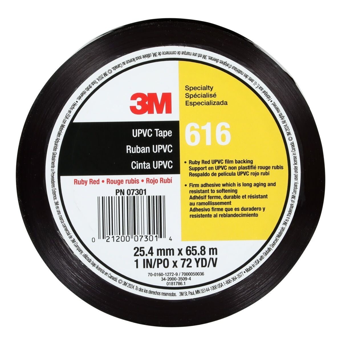 3M UPVC Lithographers Tape, Ruby Red, 1 in x 72 yd, 2.4 mil (616) (7000050036) - (144Pack) - 2