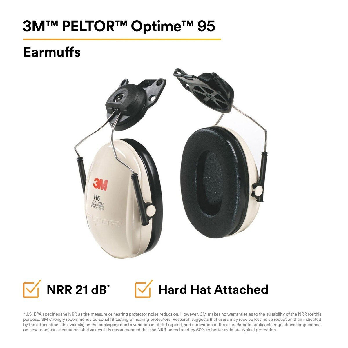 3M 7000052743 Optime 95 Cap-Mount Earmuffs with Universal Hard Hat Attachment 21 dB NRR - (10Pack) - 2