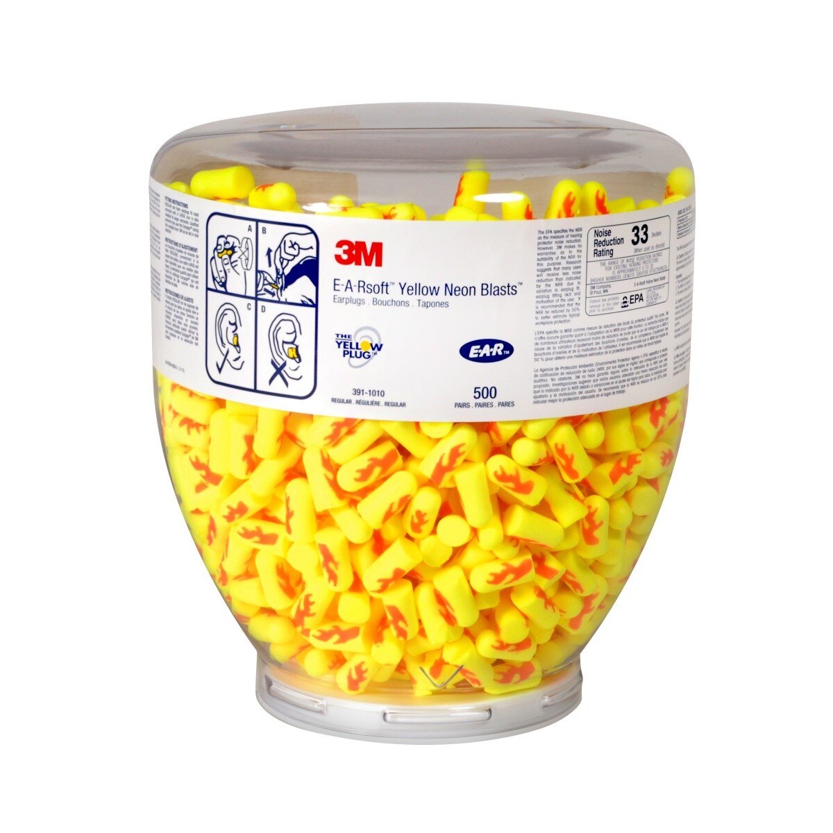 3M 91012 E-A-Rsoft Yellow Neon Blasts One Touch Dispenser Refill Bottle, Uncorded Disposable Foam Earplugs, NRR 33, Regular, Yellow (391-1010) (7000052750) - (4Pack)