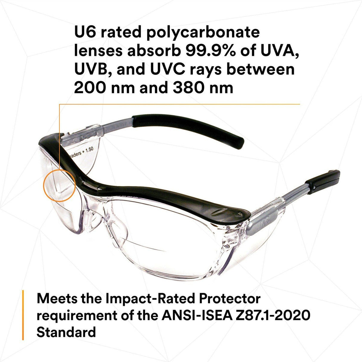 3M 11434-00000-20 Safety Glasses with Readers, Nuvo Protective Eyewear, +1.5 Diopter, Clear Lens, Retro Gray Frame, Soft Nose Bridge, Side Shields, ANSI Z87.1 (7000052797) - (20Pack) - 8