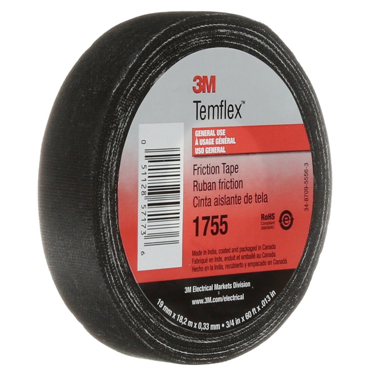 3M 1755 1755-3/4X60FT Temflex Cotton Friction Tape, Black, 3/4 in x 60 ft (7000058870) - 5