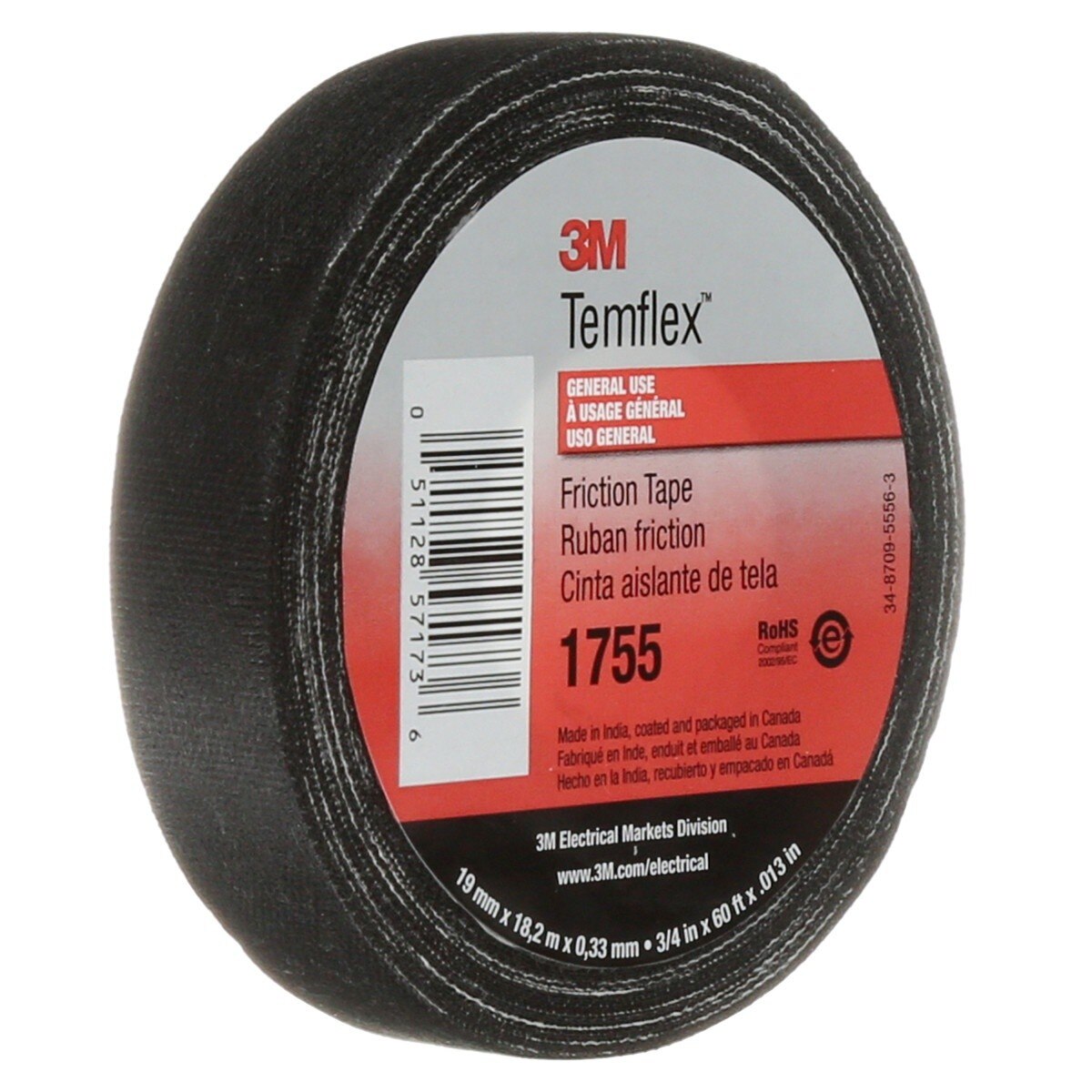 3M 1755 Temflex Cotton Friction Tape, Black, 3/4 in x 60 ft (1755-3/4X60FT) (7000058870) - (20Pack) - 5
