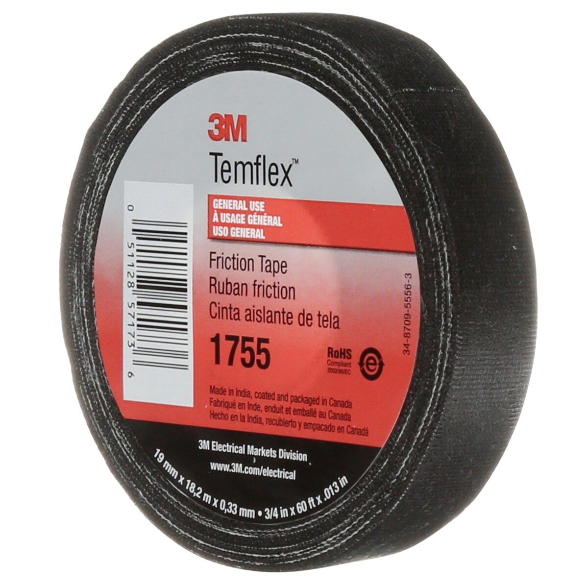 3M 1755 Temflex Cotton Friction Tape, Black, 3/4 in x 60 ft (1755-3/4X60FT) (7000058870) - (20Pack) - 6
