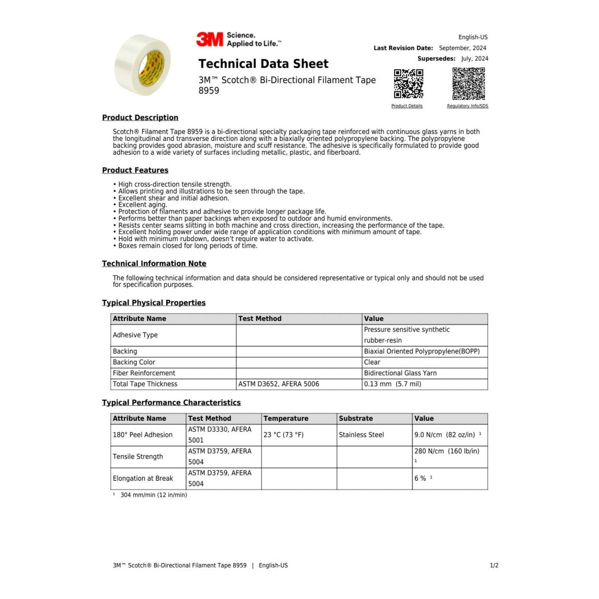 3M 8959 Scotch Bi-Directional Filament Tape, Clear, 50 mm x 50 m, 5.7 mil (7000096086) (18 Pack) - 5