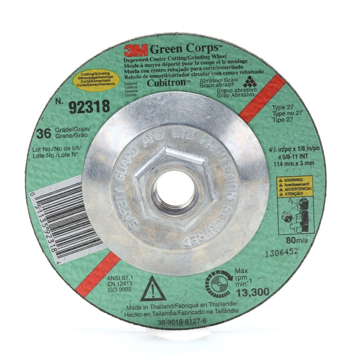 3M 92316 Green Corps Cutting Grinding Wheel, T27, Ceramic, 4-1/2 in x 1/8 in x 7/8 in, 36 Grit, Green, 13300 rpm (7000118488) (40 Pack)