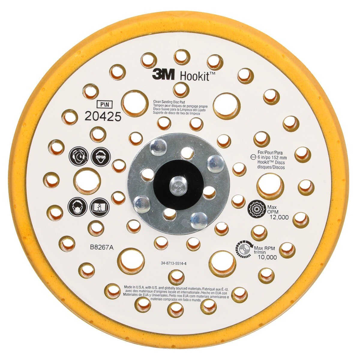 3M 20425 Hookit Soft Disc Pad, Hook and Loop Attachment, Soft, Yellow, 6 in x 1/2 in, 25 Holes (7000118613) - (10Pack)