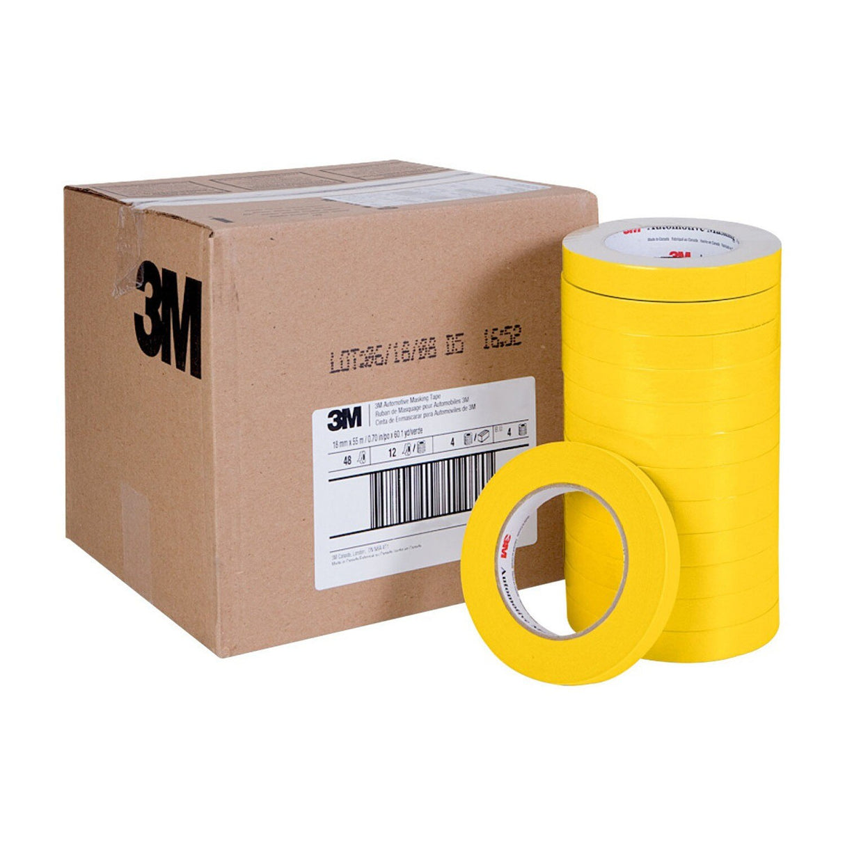 3M 388N 06652 Automotive Refinish Masking Tape, Yellow, Crepe Paper, 18 mm x 55 m, Moisture and Solvent Resistant (7000119815) - (48Pack) - 7