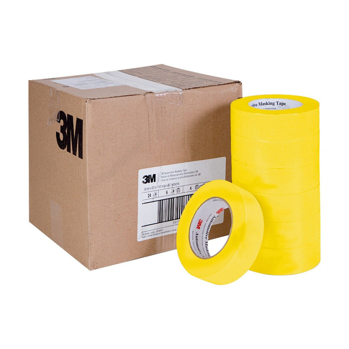 3M 388N 06654 Automotive Refinish Masking Tape, Yellow, Crepe Backing, Moisture and Solvent Resistant, 36 mm x 55 m (7000119817) - (24Pack) - 7