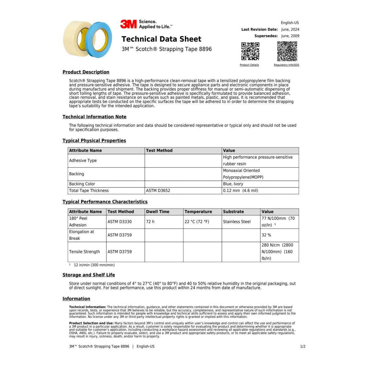 3M 8896 Scotch Strapping Tape, Blue, 24 mm x 55 m (7000123856) (36 Pack) - 2