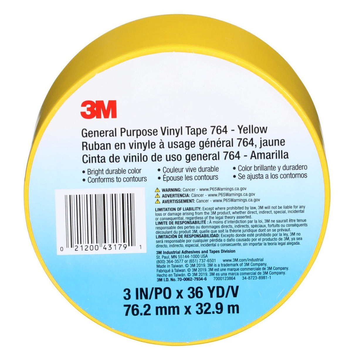 3M 764 General Purpose Vinyl Tape, Yellow, 3 in x 36 yd, 5 mil (43179) (7000123864) - (12Pack) - 9
