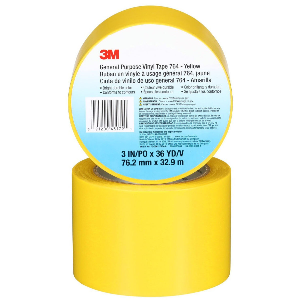 3M 764 General Purpose Vinyl Tape, Yellow, 3 in x 36 yd, 5 mil (43179) (7000123864) - (12Pack) - 10