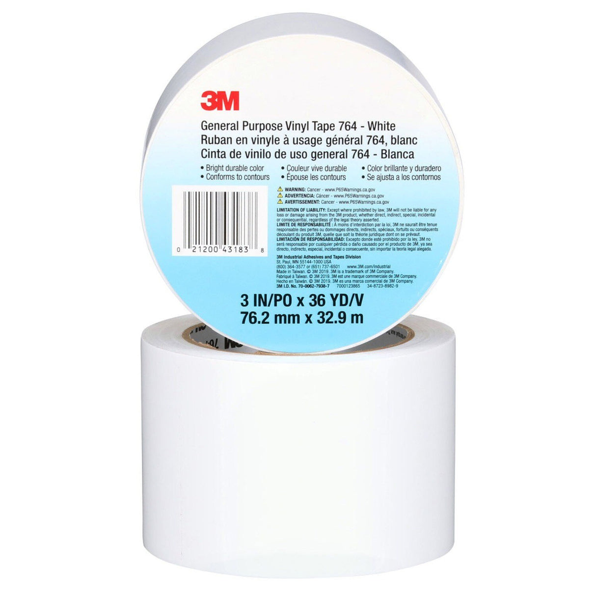 3M 764 43183 General Purpose Vinyl Tape, White, 5 mil, 3 in x 36 yd, Floor Marking, Color Coding (7000123865) - (12Pack) - 8