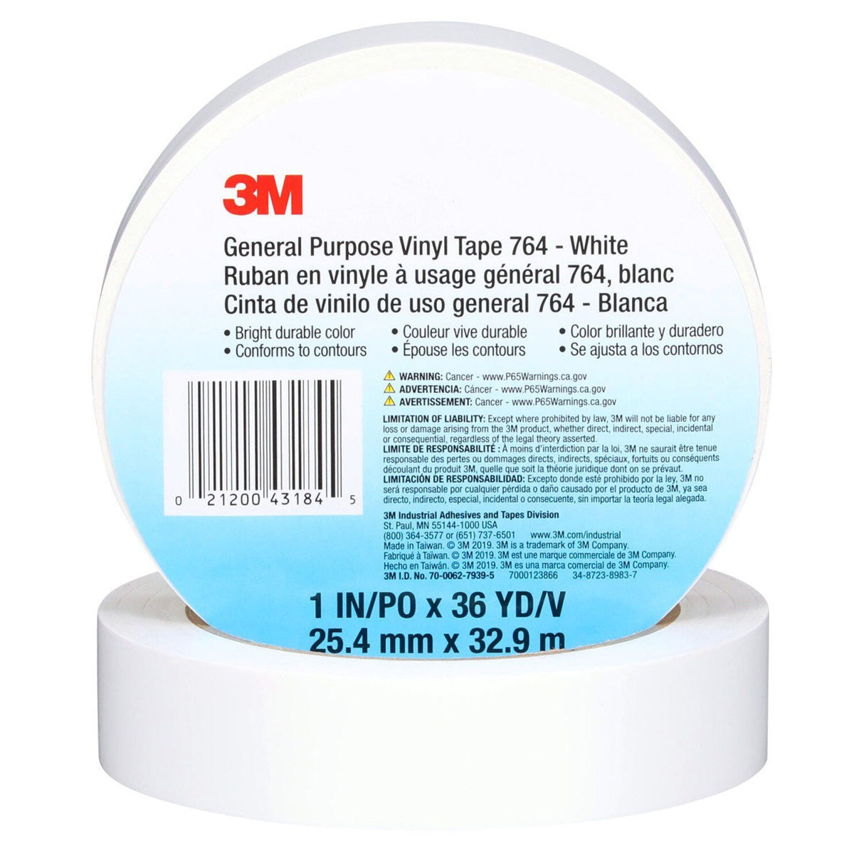 3M 764 General Purpose Vinyl Tape, White, 1 in x 36 yd, 5 mil, Floor Marking, Color Coding, Bundling (43184) (7000123866) - (36Pack) - 7