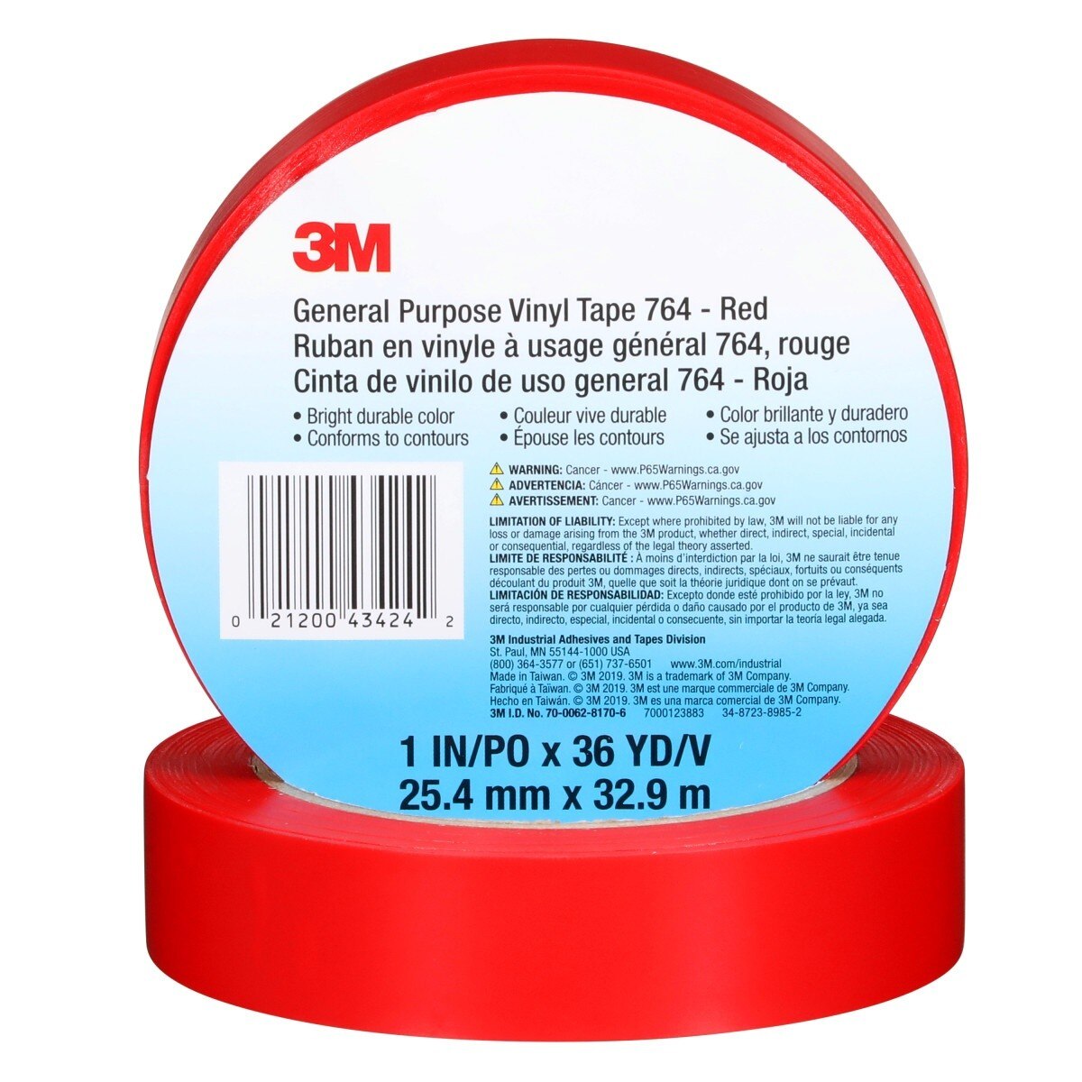 3M 764 General Purpose Vinyl Tape, Red, 5 mil, 1 in x 36 yd (43424) (7000123883) - (36Pack) - 7