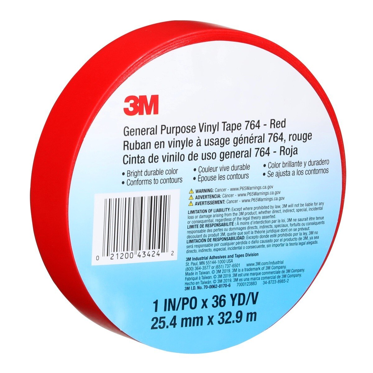 3M 764 General Purpose Vinyl Tape, Red, 5 mil, 1 in x 36 yd (43424) (7000123883) - (36Pack) - 10