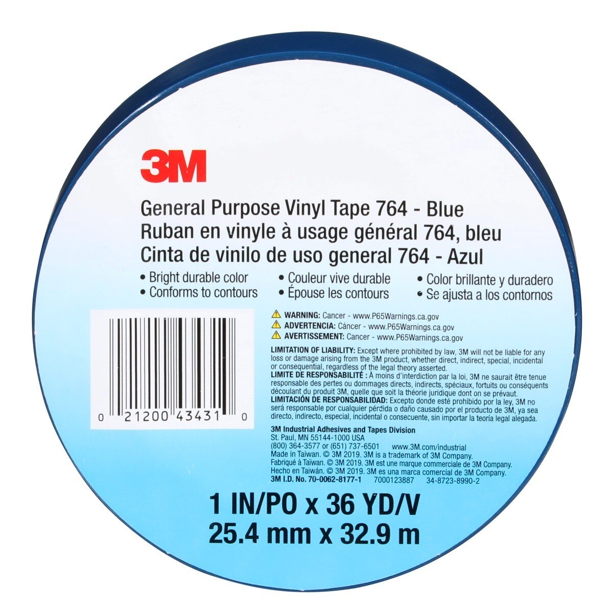 3M 764 General Purpose Vinyl Tape, Blue, 1 in x 36 yd, 5 mil (43431) (7000123887) - (36Pack) - 6