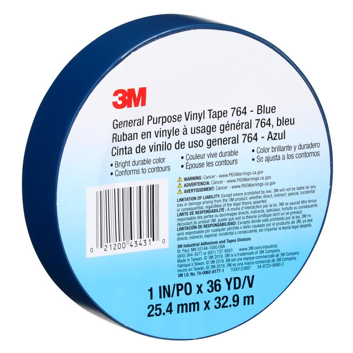 3M 764 General Purpose Vinyl Tape, Blue, 1 in x 36 yd, 5 mil (43431) (7000123887) - (36Pack) - 7