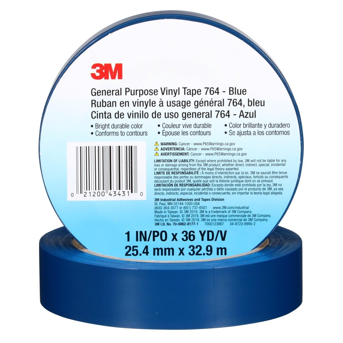 3M 764 General Purpose Vinyl Tape, Blue, 1 in x 36 yd, 5 mil (43431) (7000123887) - (36Pack) - 8