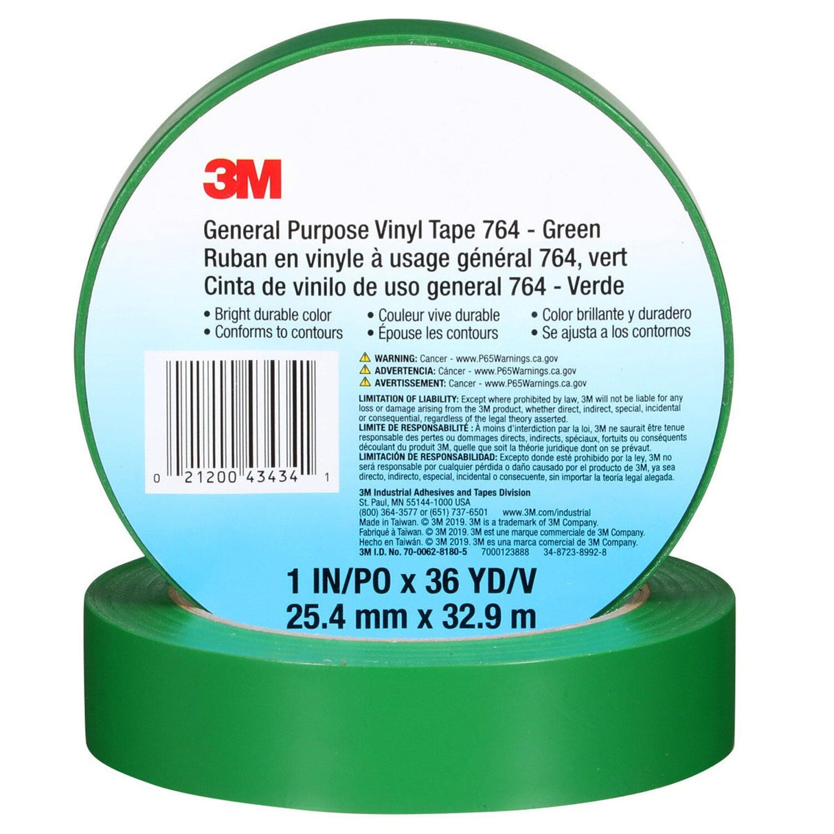 3M 764 General Purpose Vinyl Tape, Green, 1 in x 36 yd, 5 mil (43434) (7000123888) - (36Pack) - 7