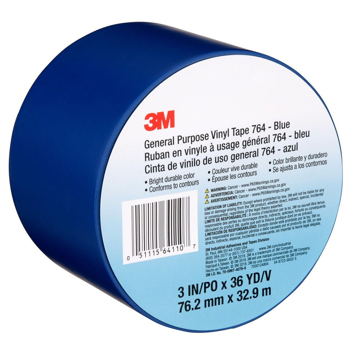 3M 764 Vinyl Tape General Purpose Blue 3 in x 36 yd Light Traffic Floor Marking Tape for Color Coding and Safety (7000124864) - (12Pack) - 7
