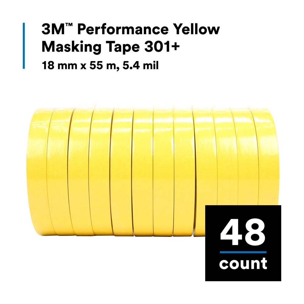 3M 301+ Performance Yellow Masking Tape for Automotive, Specialty Vehicle and Industrial Paint Masking, 18 mm x 55 m (7000124888) (48 Pack) - 7