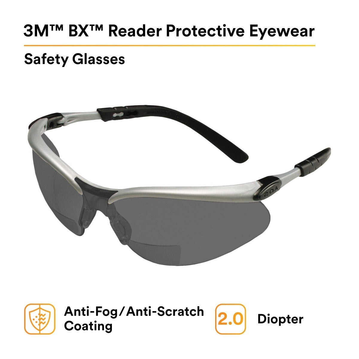 3M 11378-00000-20 Safety Glasses with Readers, +2.0 Diopter, ANSI Z87, Anti-Fog Anti-Scratch Gray Lens, Silver Frame, Adjustable Length Temples and Lens Angle (7000127493) - (20Pack) - 2