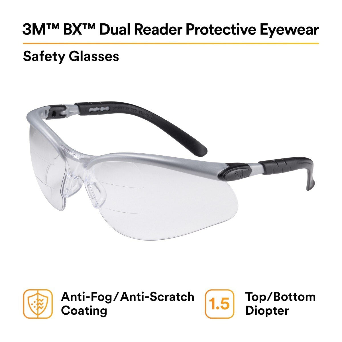 3M BX Dual Reader Safety Glasses, Clear Anti Fog Lens, Gray Black Frame, 1.5 Diopter (7000127661) - (20Pack) - 2