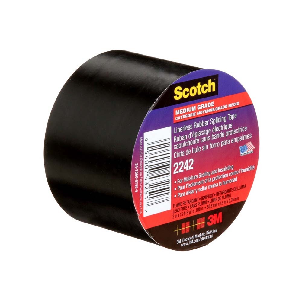 3M 2242-2X15FT Linerless Electrical Rubber Tape 2242, Black, General Purpose Self-Fusing Insulating Tape (7000132759) - 3