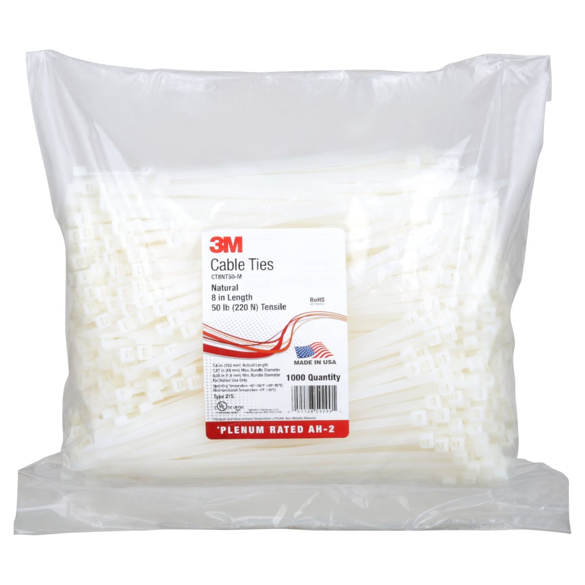 3M CT8NT50-M Standard Nylon Cable Tie, Natural, 8 in, 50 lb Tensile Strength, UL 94 V-2 (7000133460) (10000 Pack)