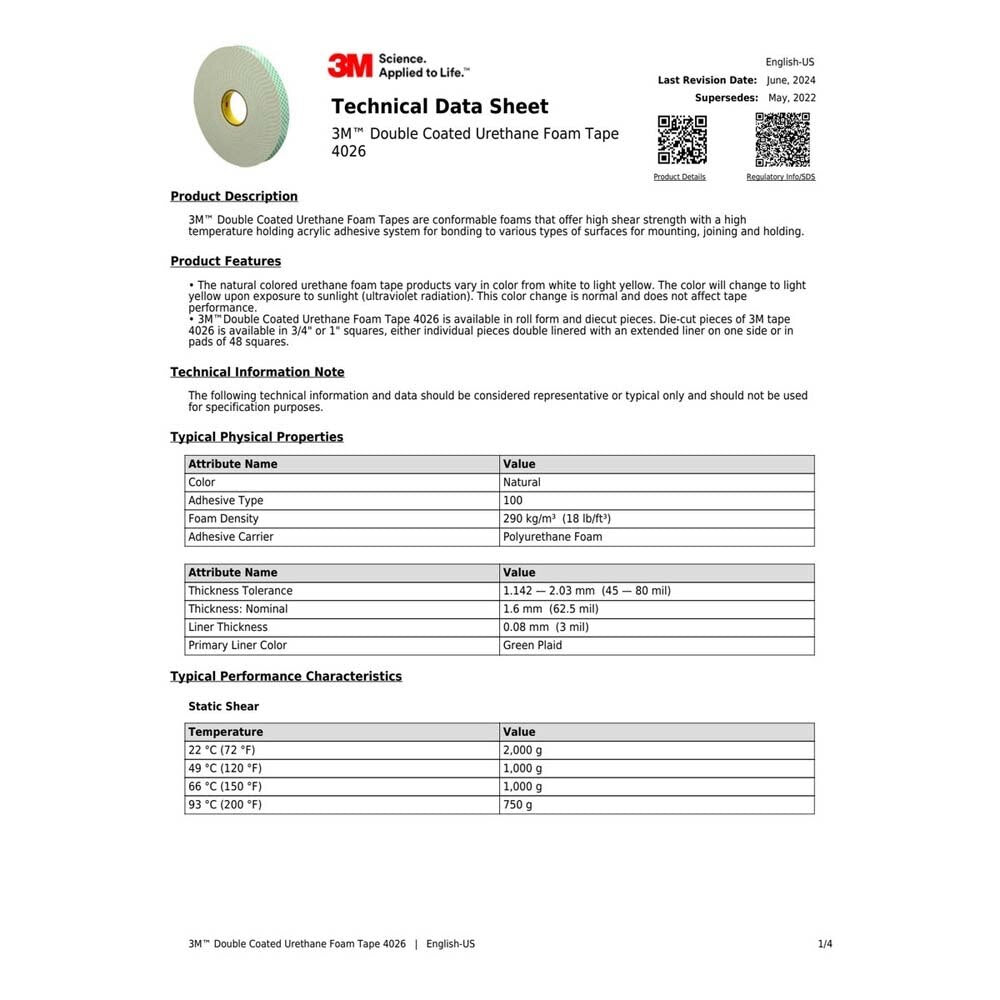 3M 4026 Double Coated Urethane Foam Tape Natural 62 mil (7000144895) (1000 Pack) - 2