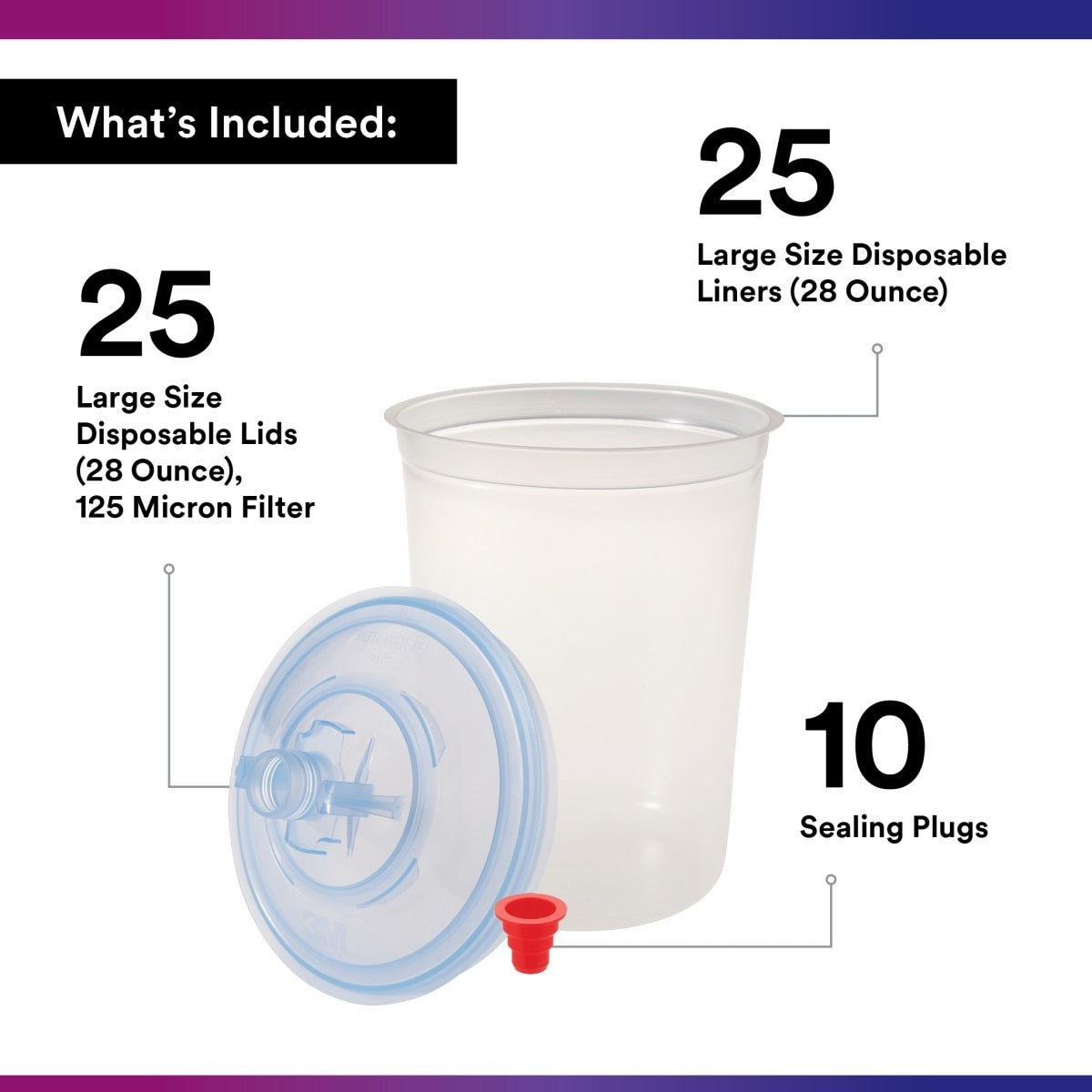 3M 16325 PPS Paint Spray Gun Cup Lid and Liner Kit, Large, 28 fl oz, 125 Micron Filter, 25 Lids and Liners, 10 Sealing Plugs (7010029845) - 8