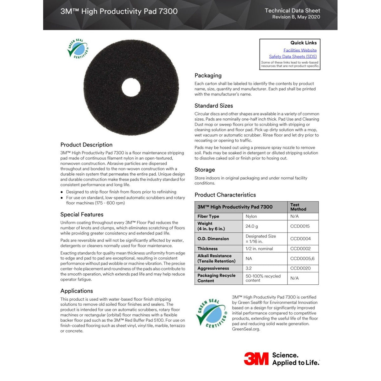 3M 7300 High Productivity Pad, Black, Extra Coarse, 22 in, Center Hole (7010300665) (5 Pack) - 2