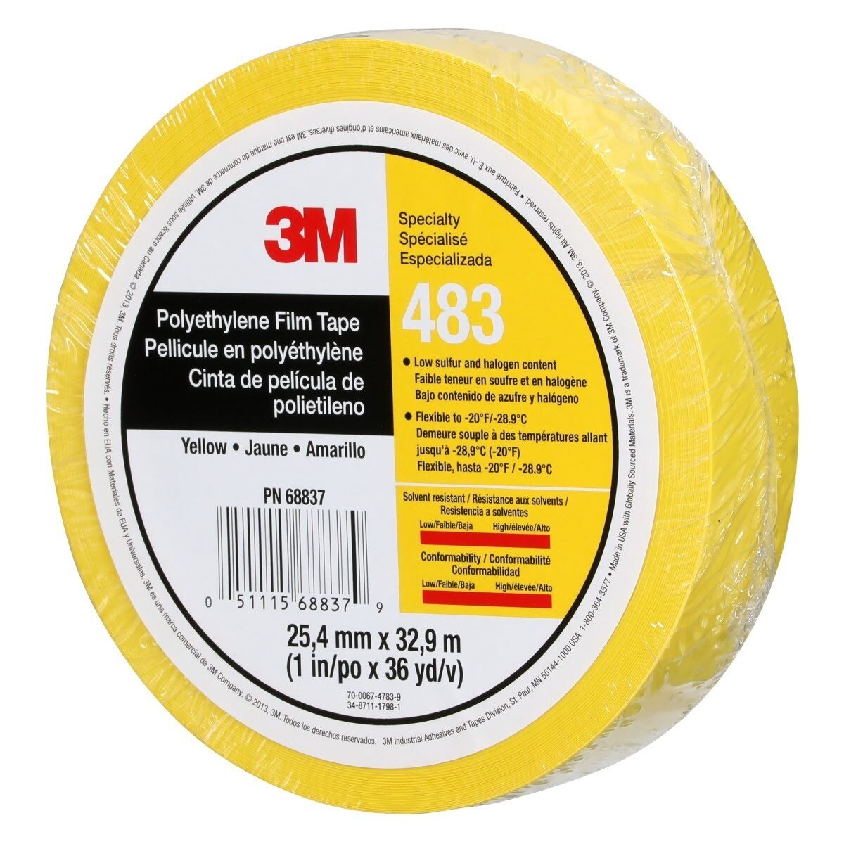 3M 483 Polyethylene Tape Yellow 1 in x 36 yd 5.0 mil (7010302434) - (36Pack) - 2