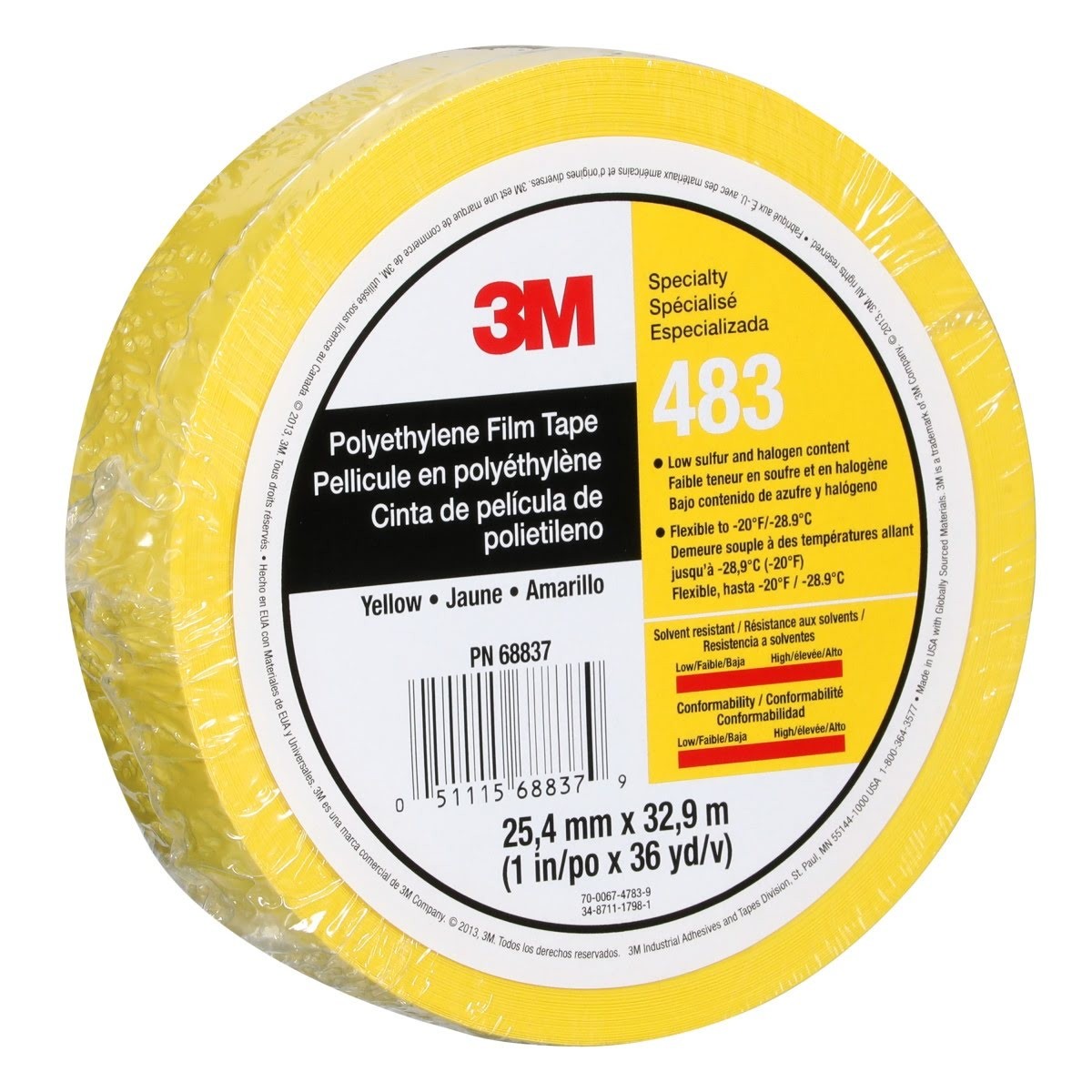 3M 483 Polyethylene Tape Yellow 1 in x 36 yd 5.0 mil (7010302434) - (36Pack) - 3
